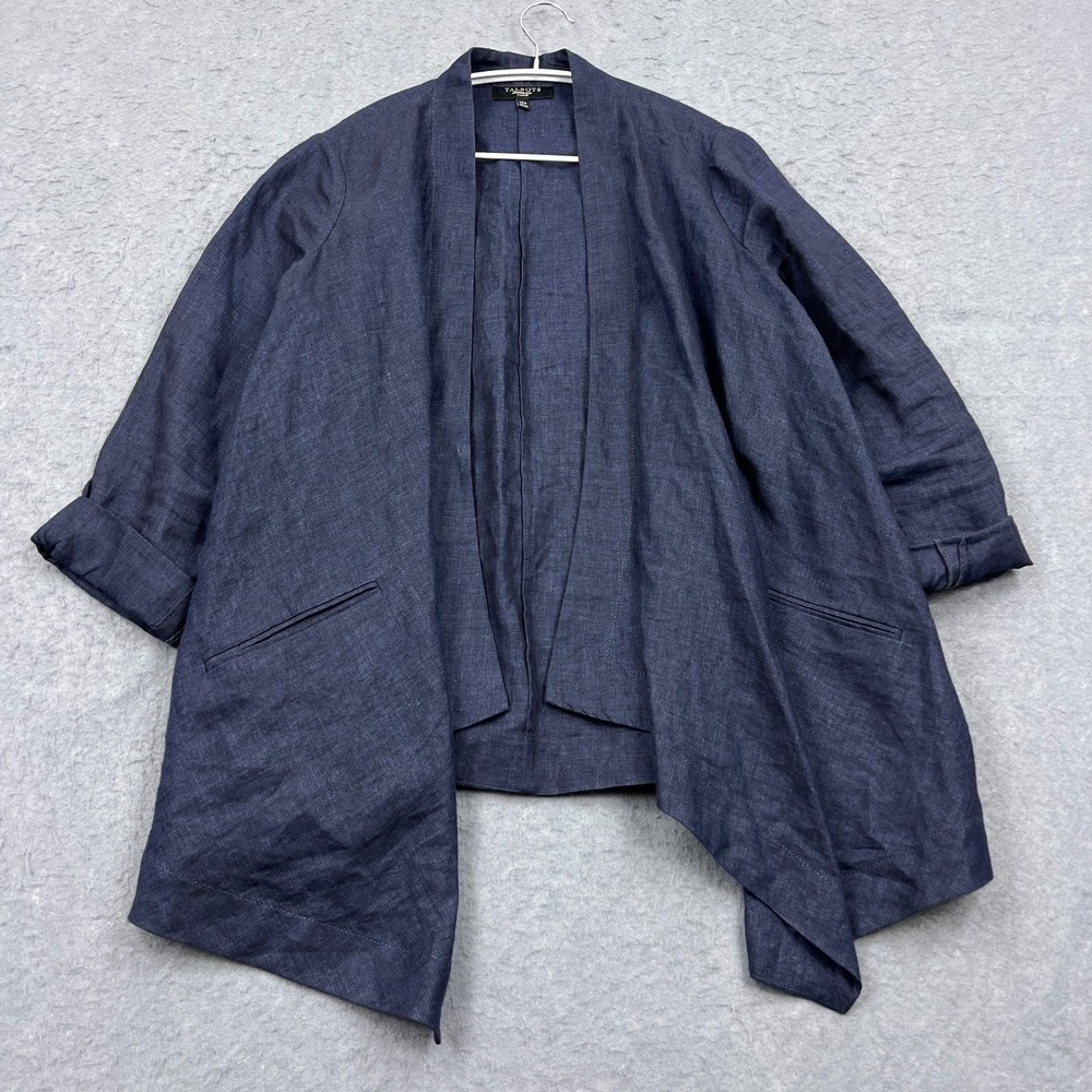 Talbots Cardigan Women's 14W Blue 100%‎ Linen Woven Airy Lagenlook Roll Sleeve